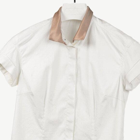 Brunello Cucinelli Ivory Cotton-Poplin Silk-Collar Short-Sleeve Shirt - Picture 3 of 10